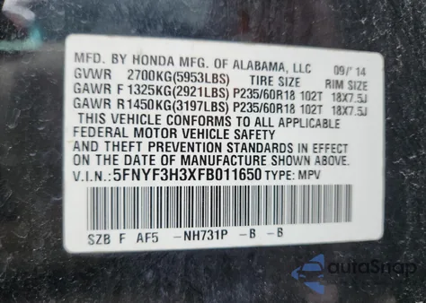 2015 Honda Pilot Se z USA, uszkodzony, nr VIN 5FNYF3H3XFB011650